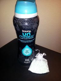 Small bags of Downy Unstopables In-wash Scent Boosters make any space smell great for weeks! Suitcases, gym bags, the car, musty closets, or kitty litter boxes! Easy to hide and easy to make. Affordable too! About 25cents a bag!