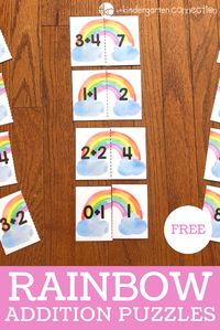 Get our FREE Printable Rainbow Addition Puzzles for Kindergarten! This easy-prep math center is fun to use with a partner or independent practice! #math #addition #rainbow #mathpuzzle #mathprintable #freeprintable