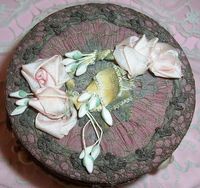 large ANTIQUE/French Textile Face Powder Box...Lame' Lace & Silk RIBBON Rosette/ROSE Applique/Trim w/ Puff