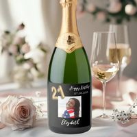 21st Birthday black gold photo Sparkling Wine Label | Zazzle