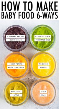 6 easy and tasty baby food combo recipes: Sweet Potato Apple, Asparagus Apple, Blueberry Banana Quinoa Flax, Peach Pear, Avocado Peach Pineapple Kale and Pineapple Mango. These homemade baby food recipes are great for stage 2! They are quick and easy to make, and perfect to freeze for later. #eatingbirdfood #babyfood #baby #babyrecipe #stage2 #stagetwo