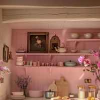 JEN CONNELL | Interiors & Lifestyle on Instagram: "The sun is here! 💕💐  Would you go for a pink kitchen? I think it’d be almost impossible to be in a bad mood living in this space!   #interiordesign #pink #pinkaesthetic #ai #aiart"