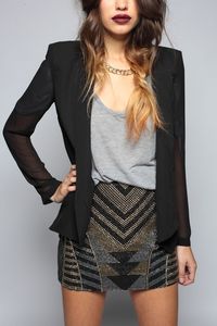 Oxblood lips, grey t-shirt, aztec print beaded skirt, chunky necklace, ombre hair, fitted blazer = perfection.