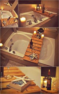 Make a rustic bath caddy from reclaimed wood: 19 Affordable Decorating Ideas to Bring Spa Style to Your Small Bathroom