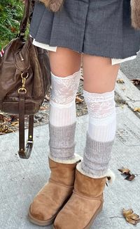 Uggs, Miu Miu skirt, White lace socks, Layered socks