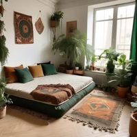 Hippie maximalist studio apartment floor mattress beige and forest green theme