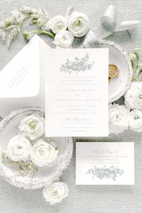 The Vivienne suite was designed to exude a sense of refinement and subtlety. Delicate script lettering is expertly typeset and balanced with a traditional serif for an overall graceful and feminine approach. With a selection of optional crest, wreath, and floral borders, Vivienne sets the tone not only for your paper suite, but most importantly, your wedding day.