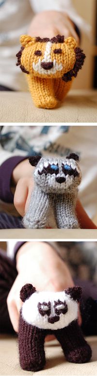 Free Knitting Pattern for Two-Finger Puppets - Let your fingers do the walking for these cute puppets. There are instructions for 3 faces – 2 cats and a raccoon – but they are easy to customize. Designed by Luciana Jorge. Available in English and Spanish. Pictured projects by Sikari73 who added fringe to create a lion’s mane for one and made another in panda colors.