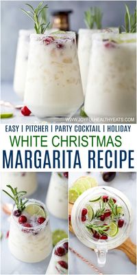 A White Christmas Margarita Pitcher Recipe that will not disappoint. This creamy coconut margarita with lime juice, tequila, coconut water and cranberries tastes like summer and looks like Christmas in a cup. It is sure to be a hit at your holiday party and guaranteed to give you the merriest of holidays! #pitcher #cocktailrecipes #holidayrecipes #christmasrecipes