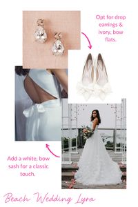 If you are having an outside or more casual wedding, keep the look understated and let the dress make the statement! Choose classic drop earrings. Forego the veil, and opt for classic bow details, like ivory bow flats, and a bow sash to complete the look! Check out our other Pinterest styling boards for more gown-specific or style-specific wedding day styling inspiration! Or visit our website to view our full set of Looksbooks for even more gown and wedding event styling inspiration!