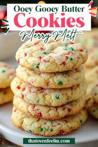 Savor the festive delight of Christmas Ooey Gooey Butter Cookies, featuring a rich blend of unsalted butter, cream cheese, and a white cake mix base, highlighted by colorful sprinkles and a dusting of powdered sugar for the ultimate holiday treat.