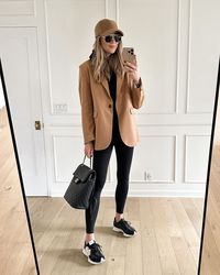 leggings and blazer outfit, leggings and new balance outfit, new balance sneaker outfit, camel and black outfit