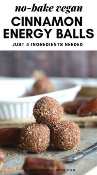 These delicious, low-fat cinnamon energy balls require just 4 simple ingredients to make: medjool dates, oats, maple syrup and cinnamon. Loads of cinnamon flavour pairs perfectly with sea salt and hints of caramel from fresh, soft medjool dates. #runningonrealfood #energyballs #veganenergybites