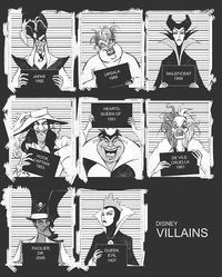 Jafar, Ursula, Maleficent, Captain Hook, Queen Of Hearts, Cruella De Vil, Dr. Facilier & Evil Queen Grimhilde [all as criminals] (Drawing by Unknown) #Aladdin #TheLittleMermaid #SleepingBeauty #PeterPan #AliceInWonderland #101Dalmatians #ThePrincessAndTheFrog #SnowWhiteAndTheSevenDwarfs