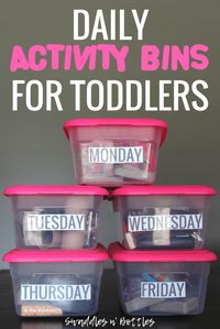 Daily Activity Bins for Toddlers. Tons of ideas on what to put in your bins to keep baby busy for hours!