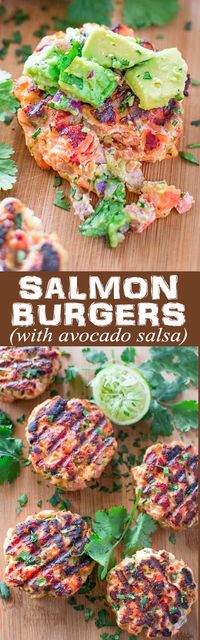 This tasty and easy Salmon Burger recipe is not to be missed! Ditch the bun and serve it with mouthwatering Avocado Salsa. ❤ COOKTORIA.COM