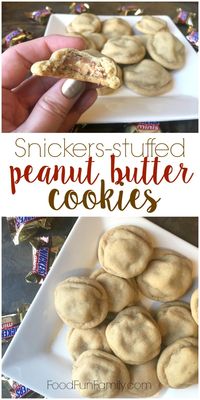 My husband has been making peanut butter cookies topped with Hershey's Kisses for years. One year, ages ago, we ran out of Kisses in the middle of a batch but happened to have a handful of Snickers minis left over from Halloween trick-or-treating...