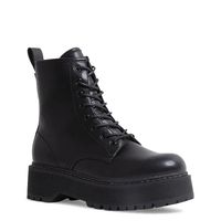 Create a ruggedly stylish look donning these women's Bettyy 2. 0 black combat boots, Made with a faux leather upper, these boots showcase a round toe front, lace-up closure, synthetic lining, chunky heel, and a synthetic lugged sole. | Steve Madden Women's Betty 2. 0 Combat Boot in Black Size 36 Medium