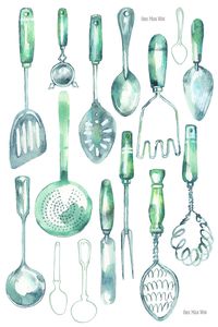 Vintage kitchen utensils in watercolor and coloured pencil. Potato mash, sieve, egg whisk, spoon and fish slice. Food Illustration for design, packaging, branding, editorial and cookery books Ohn Mar Win