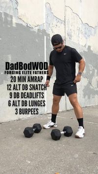 Dad Bod WOD: Kevin Torres on Instagram: "It’s 20 minutes. Just keep moving! Hit that archive button to save this one for later! 20 Min AMRAP 12 Alt DB Snatch 9 DB Deadlifts 6 Alt DB Lunges (3 each side) 3 Burpees The reps in this workout are low enough that you can really push the intensity with each round and keep the rests short. As a reminder, AMRAP means As Many Rounds As Possible, meaning you’re going to set a 20 minute timer and just keep cycling from movement to movement for a total o