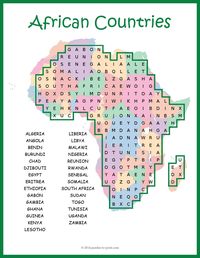 A word search puzzle featuring the names of 29 African countries. Students will reinforce their knowledge and review geography while having fun doing a puzzle. The words are hidden in all directions including diagonally and backwards and there may be some overlap. This is a somewhat challenging word find.