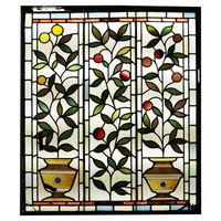 A large antique Victorian stained glass window over 1m tall depicting orange and lemon plants in pots, circa 1890. You can just imagine this gorgeous stained glass as a feature window in a Victorian property, the vibrant yellows, red, oranges and greens brought to life as it is flooded with daylight. , The stained glass is currently fitted into a good quality pine frame. As is to be expected from antique items over 130 years old, there are various cracks. Some of the putty has come loose and fallen down between the glass. Read the report for further details of condition. If you are looking for a pair of windows, we are also selling a Victorian stained glass window of similar design and proportion. Currently fitted into a painted pine frame. Stained glass (excl. frame): H 113 x W 97.5 cm (H