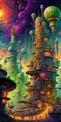 Psychedelic alien world city, psychedelic sci-fi illustration, colorful otherworldly art, sci-fi city, by Groucho on Midjourney, Jeramondo, art for stoners