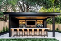 This backyard bar shed project plan offers a covered bar with space for seating, and inside a wrap around work counter with bbq area and refrigerator. Architectural Designs