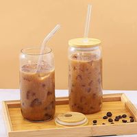 8 Pack Drinking Glasses Beer Can Glass Cups 16 oz Can Shaped Tumbler Glass with Bamboo Lids and Straws Large Drinking Can Cups for Ice Soda Tea Iced Coffee Glasses Cups