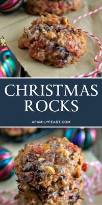 Christmas Rocks are soft, sweet, and absolutely delicious! I also think they are very festive and perfect for the holidays – with the colorful dried cranberries and candied cherries and pineapple chunks peeking out through the batter. These cookies are also loaded up with nuts – walnuts, almonds and pecans – so they have a great crunchy texture as well! #christmascookies #cookies