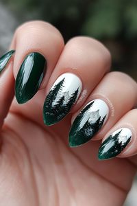 Love winter scenery? These dark green nails with a white alpine design capture that frosty forest feel perfectly. Great for winter nails inspo that’s both artistic and bold. Head to nailhow.com for more creative winter nails gel ideas and remember to save this for your next mani!