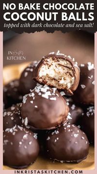 These No Bake Chocolate Coconut Balls are EASY and packed with coconut flavor! Sweet coconut filling covered in dark chocolate coating then topped with flaky sea salt. They taste just like a Mounds Bar!