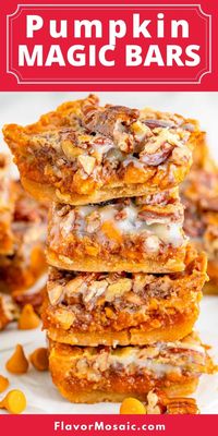 Pumpkin Magic Bars are rich, thick, sweet and very pumpkin-y cookie bars! With creamy pumpkin, crunchy pecans, butterscotch chips, and toffee chips, it is a sweet explosion of flavor and textures in every bite!