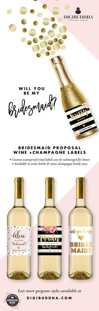 Will you be my bridesmaid? Bridesmaid proposal wine labels are a gorgeous, fun way to to ask your best girls to be there by your side on your wedding day! Made with waterproof vinyl labels that can be submerged for hours. Available in wine bottle labels or mini champagne bottle labels. Also: Maid of Honor Proposal Wine labels, Matron of Honor Wine Labels in tons of gorgeous, trend setting styles. digibuddha.com