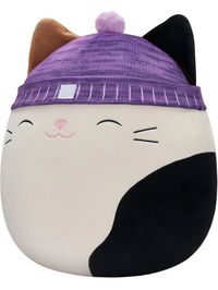 This is so squishy! It is a squishmallow pillow of Cam the calico cat. I love its new purple hat. #calico #stuffedanimal #pillow #cat #ad