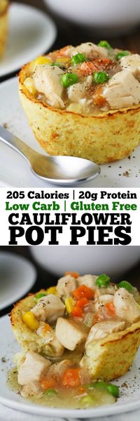 These Low Carb Cauliflower Pot Pies have all the flavors of a traditional chicken pot pie in guilt free form! Gluten free, low calorie and delicious! www.itscheatdayeveryday.com