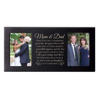 Honor the happy couple with a personalized wedding photo frame "Mom and Dad Thank-you gift, Love Frame" with two lines of personalization. A treasured and lasting personal keepsake for a wedding or anniversary. Picture frame with LASER ENGRAVING lettering; for wall or tabletop display plaque; Exclusively from LifeSong Milestones Engraving is included in the price of the frame. Measures " 16" w x 8" h x .5" After ordering please email the following info: Brides & Grooms first name, last name