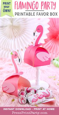 FLAMINGO PARTY FAVOR BOX printable. Wow your guests with the perfect tropical pink flamingo party favor box at your birthday, baby shower or bridal shower. Print at home. See the full editable flamingo theme printable package for more DIY ideas! Invitation, decorations, banners, water bottle wrappers, etc… Customizable party supplies - Press Print Party! #flamingoparty #flamingodecor #birthdayparty #bridalshower #babyshower #Printable #partyfavors #kids #pressprintparty