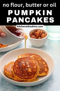 Healthy Pumpkin Pancakes are made using only wholesome ingredients like almond flour, eggs, and pumpkin puree. They are ultra soft and fluffy, and there's no butter or oil!