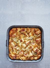 Savory Bread Pudding with Artichokes and Two Cheeses