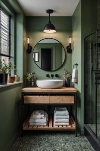 Refresh your bathroom with a modern sage green palette complemented by bold black accents.