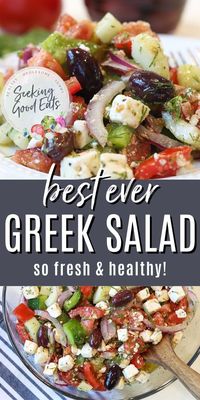 The best Greek salad recipe! This Greek recipe is a delicious fresh salad made with chopped veggies, cheese, and a zesty homemade Greek dressing. A keto Greek salad that is so tasty you'll never know it is a healthy Greek salad! You can even add chicken, lamb, beef, or pork to your healthy salad recipe, so it's a stand-alone meal - perfect for lunches or dinner! This side dish is a gluten free, low carb, sugar free, and keto salad