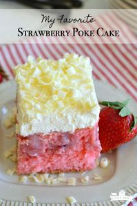 Strawberry Poke Cake is made with a cake mix and drizzled with a strawberry sweetened condensed milk mixture, then topped with whipped cream and chocolate curls! Make it ahead of time! #pokecake #strawberryrecipe #dessertrecipe