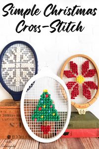 As crazy as it sounds, vintage tennis rackets are PERFECT for trying your hand at jumbo cross stitch. Much easier than regular counted cross stitch, let me tell you! AND, if you want a few FREE Christmas cross stitch patterns for wooden tennis rackets, then you are in luck!