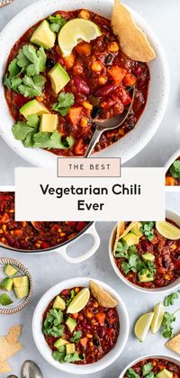 This is actually THE BEST vegetarian chili recipe you'll ever make! You won't believe there's no meat in this delicious vegetarian chili recipe. It's made with two kinds of beans, veggies and tender sweet potato to make a hearty plant based chili that everyone will love. Make it on the stovetop or on your slow cooker, add your favorite toppings and enjoy for a weeknight dinner or game day! #chili #chilirecipe #vegetarianchili #vegetariandinner #plantbased #veganchili #glutenfree #gameday