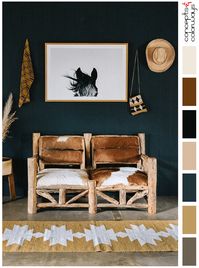 russet browm, black and white, blonde wood, olive greenmodern ranch, rustic interior design, rustic cottages, cowhide upholstery, log furniture, horse art, ochre, tribalcork flooring, dark teal, dark room rug