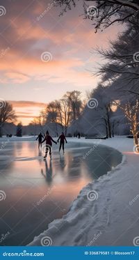 AI generated - A peaceful winter scene featuring ice skaters gliding effortlessly on a frozen pond at sunset. The sky is painted in warm oranges, pinks, and purples, with the stunning colors reflected on the icy surface. Snow-covered trees surround the pond, and soft lights hang from nearby branches, adding a magical ambiance.