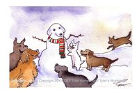 Dog Art, Dogs Greeting Card Snowman Winter Funny Dogs Watercolor Painting illustration Print 'Snow Dogs' 4x6. $3.50, via Etsy.