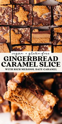 Gingerbread shortbread, gooey caramel made with @NDMedjoolDates, chocolate ganache, gingerbread cookies. This Gingerbread caramel slice is the ultimate Christmas dessert!