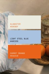 contrasting color palette: beige, light blue, orange